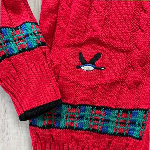 KITESTRINGS Vintage Red Duck Geese Cable Knit V Neck Cardigan Sweater Boys 8 10 - Picture 2 of 4